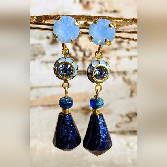 Blue Metallic AB Flower Crystal & Fire Polished Blue Czech Beads Dangle Earrings - Picture 5 of 7